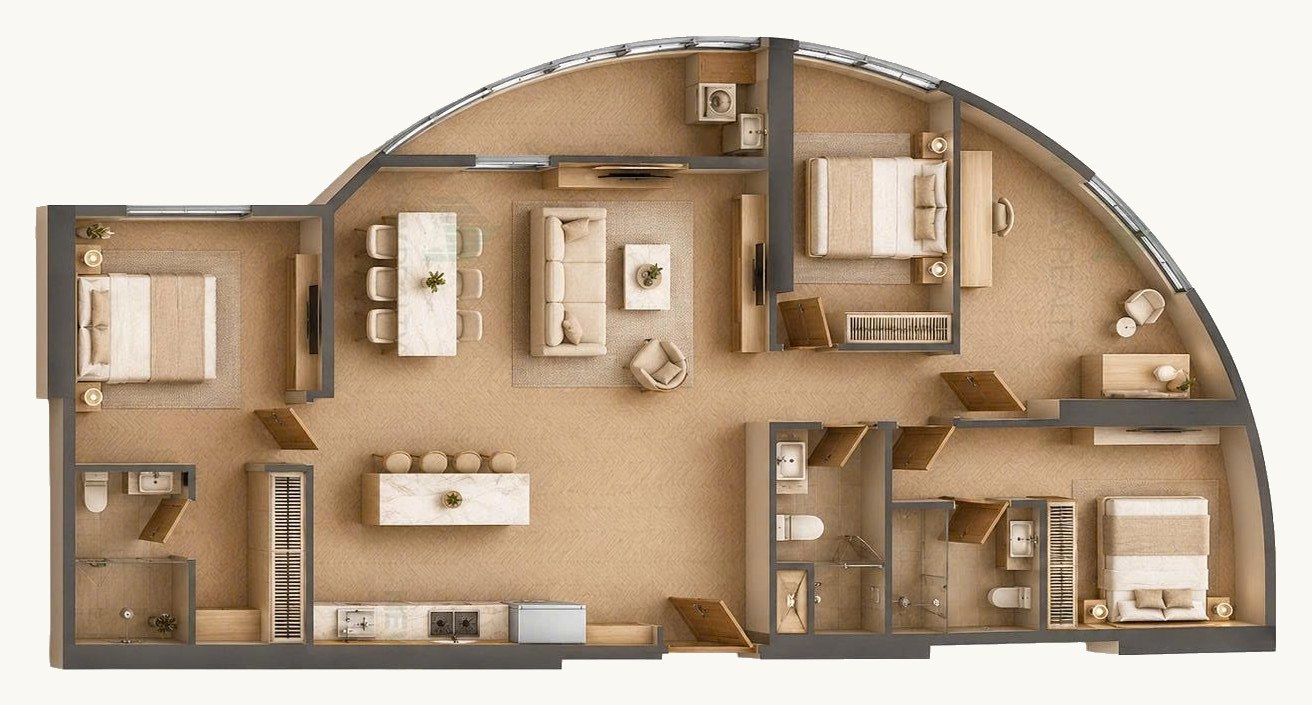 Layout bóc mái căn 3PN+1 góc bo kính