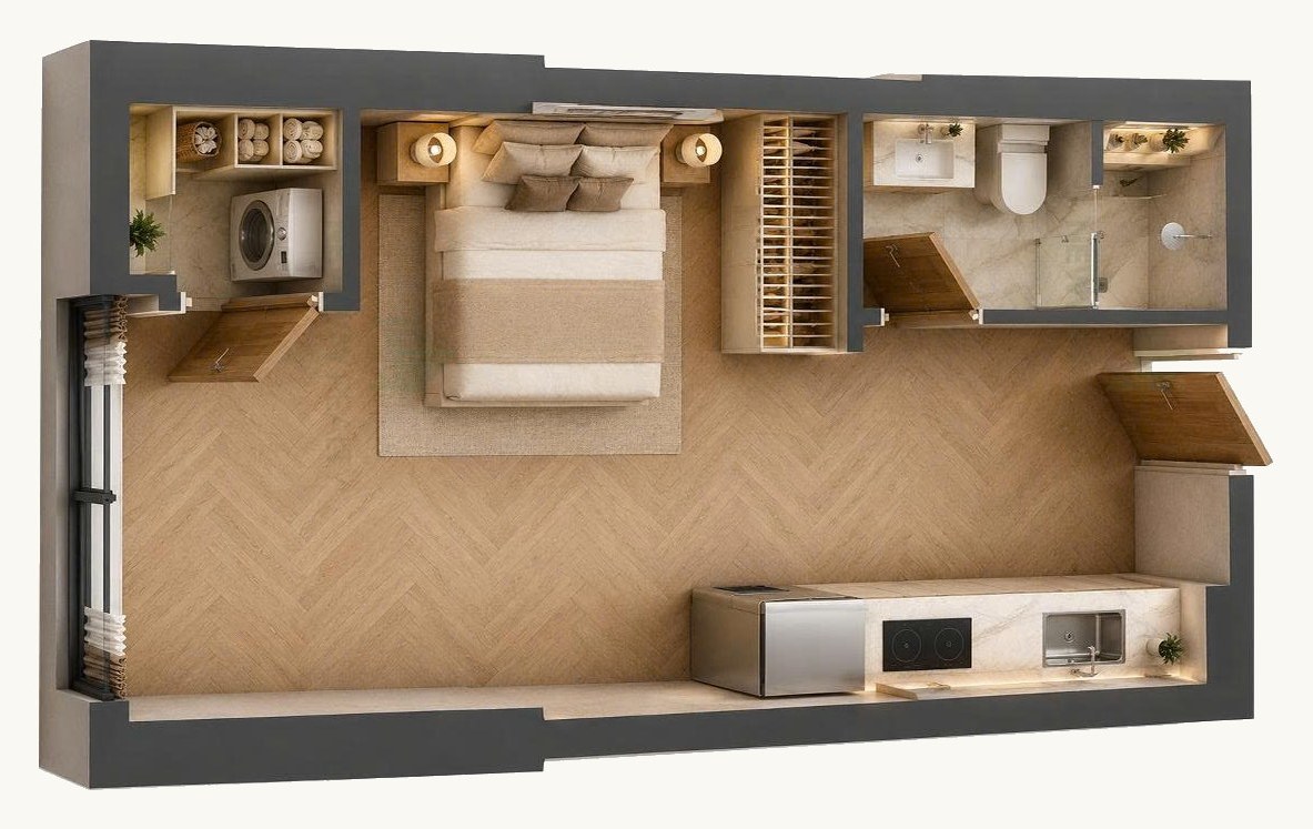 Layout bóc mái căn Studio 31,9m²